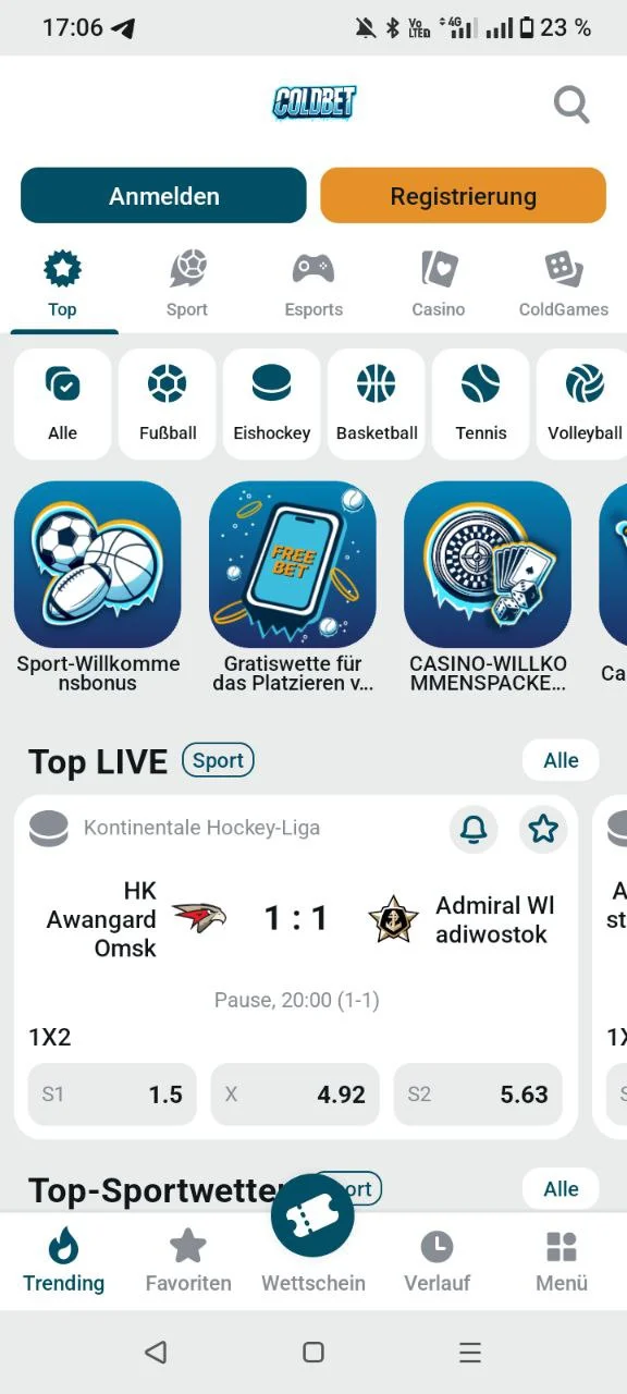 Coldbet App Startbildschirm nach Android-Installation