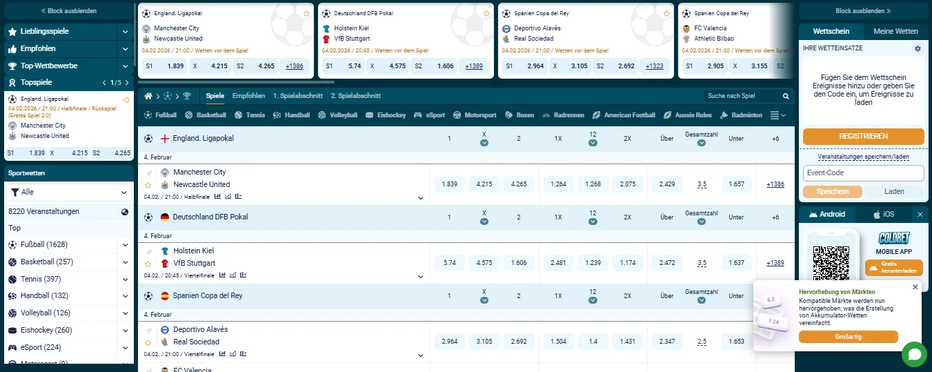 Sportwetten-Interface bei Coldbet mit Fußball- und Eishockey-Partien