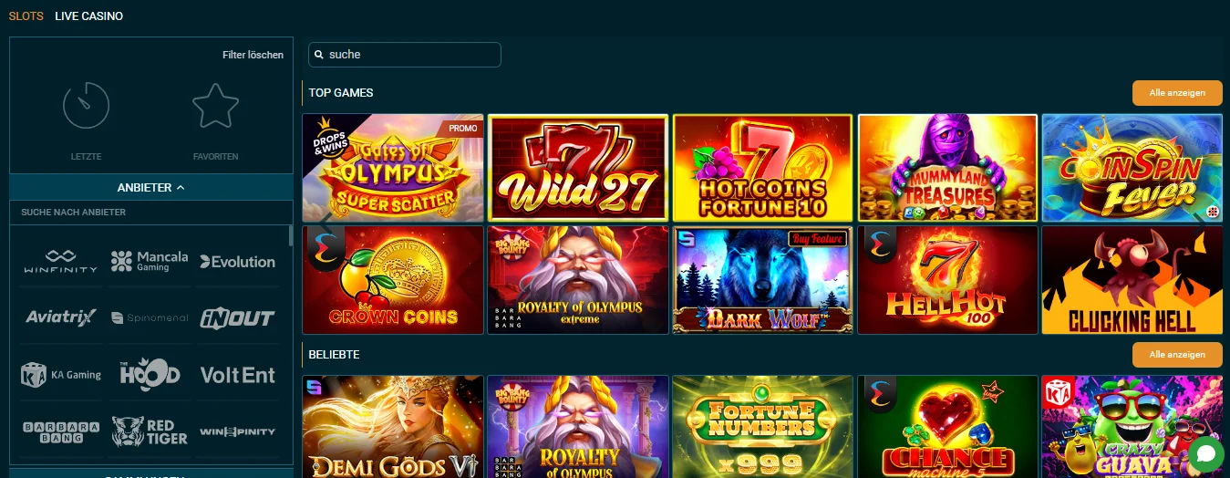 Coldbet Casino Spielauswahl mit Top Games und Anbieterfilter