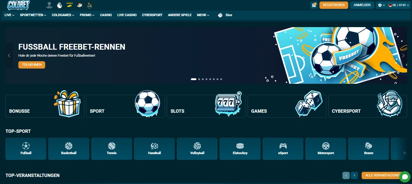 Coldbet Startseite mit Sportwetten und Casino-Bereich