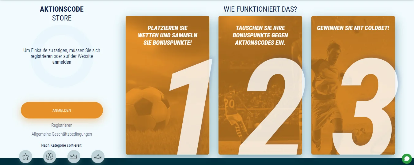 Aktionscode Store auf der Coldbet Website mit Kategorien und Einlöseprozess